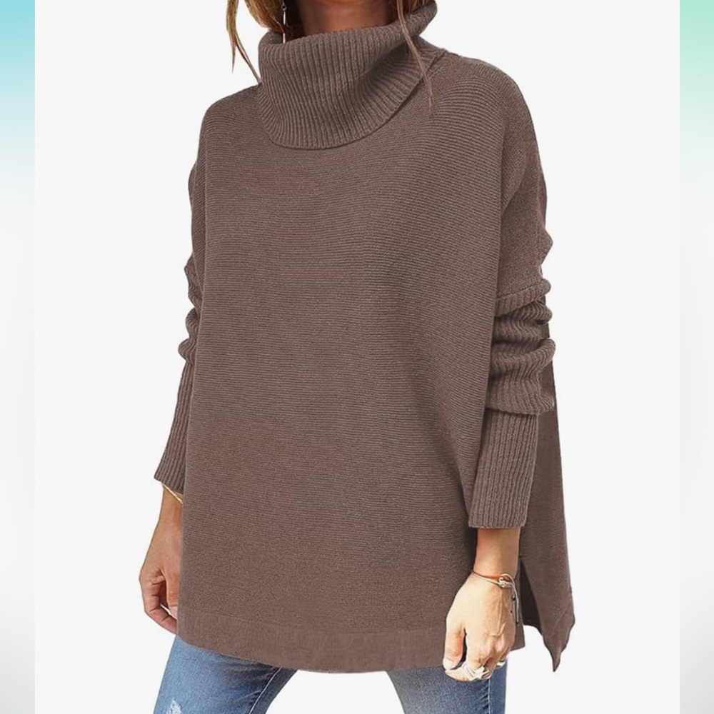 Turtleneck Oversized Sweater Long Batwing Sleeves Tunic Pullover Split Hem Knit